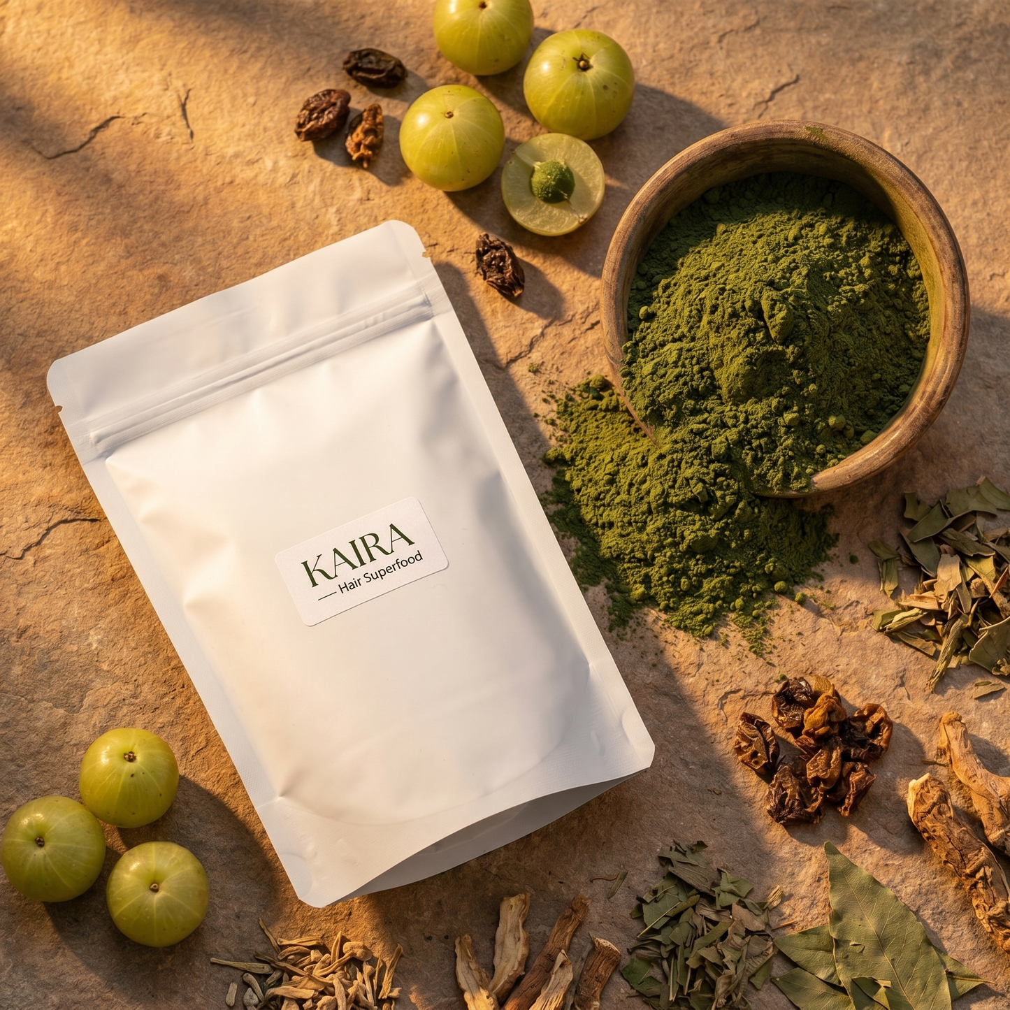 KAIRA Hair Superfood with herbal powder bowl and amla lifestyle shot