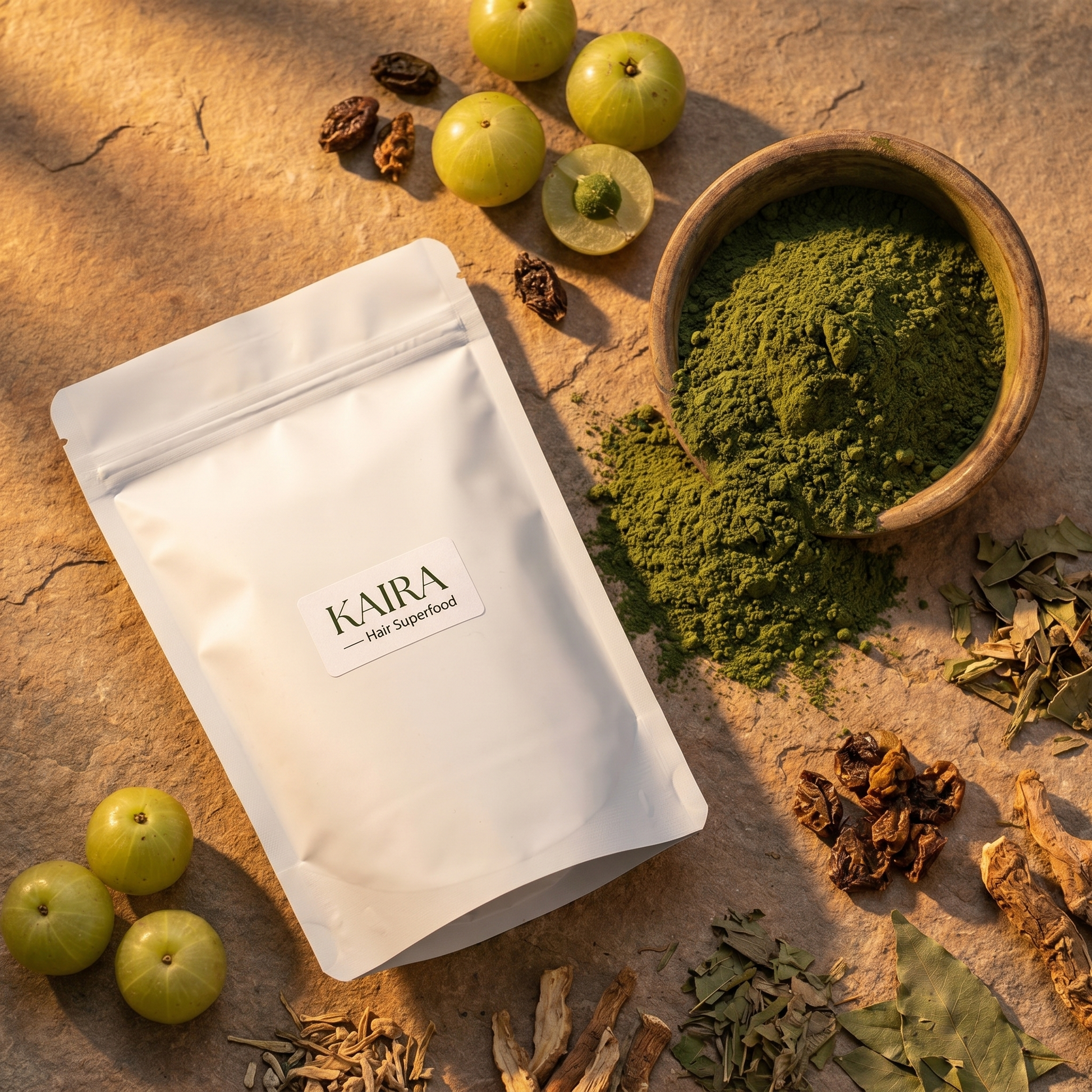 KAIRA Hair Superfood with herbal powder bowl and amla lifestyle shot