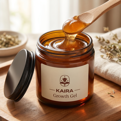 KAIRA Growth Gel open jar showing herbal gel texture