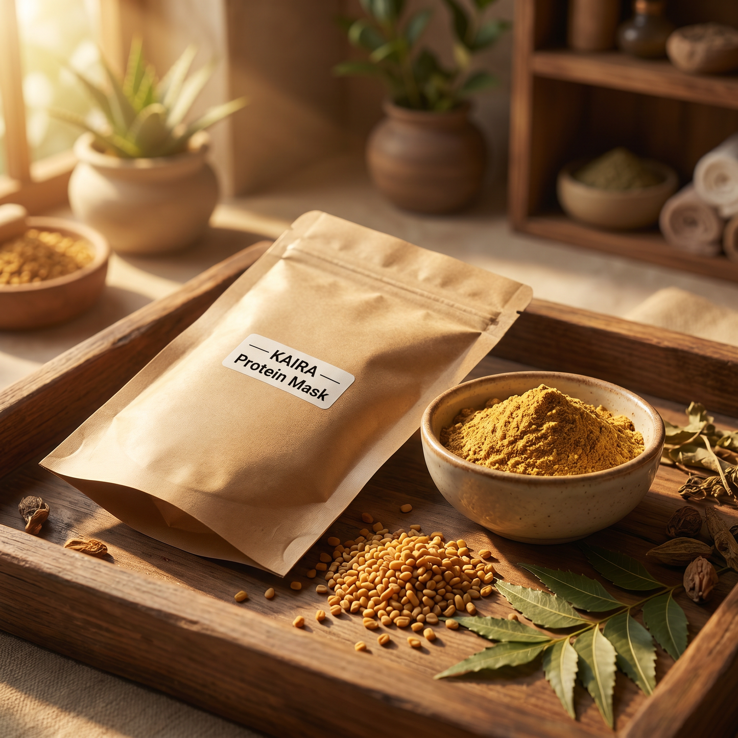 KAIRA Protein Mask kraft pouch with herbal protein powder lifestyle shot