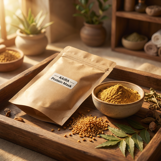 KAIRA Protein Mask kraft pouch with herbal protein powder lifestyle shot