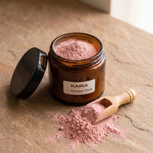 KAIRA Booster Mask open jar with pink herbal powder